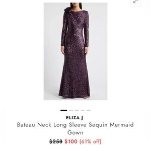 ELIZA J Bateau Neck Long Sleeve Sequin Mermaid Gown